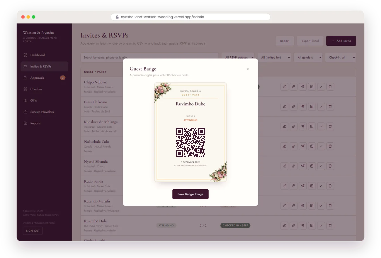 A guest's QR pass in the organiser portal