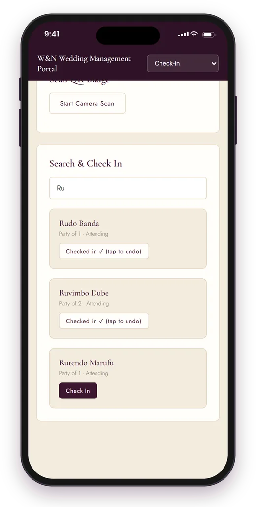 Usher check-in on a phone — search by name or scan a QR pass